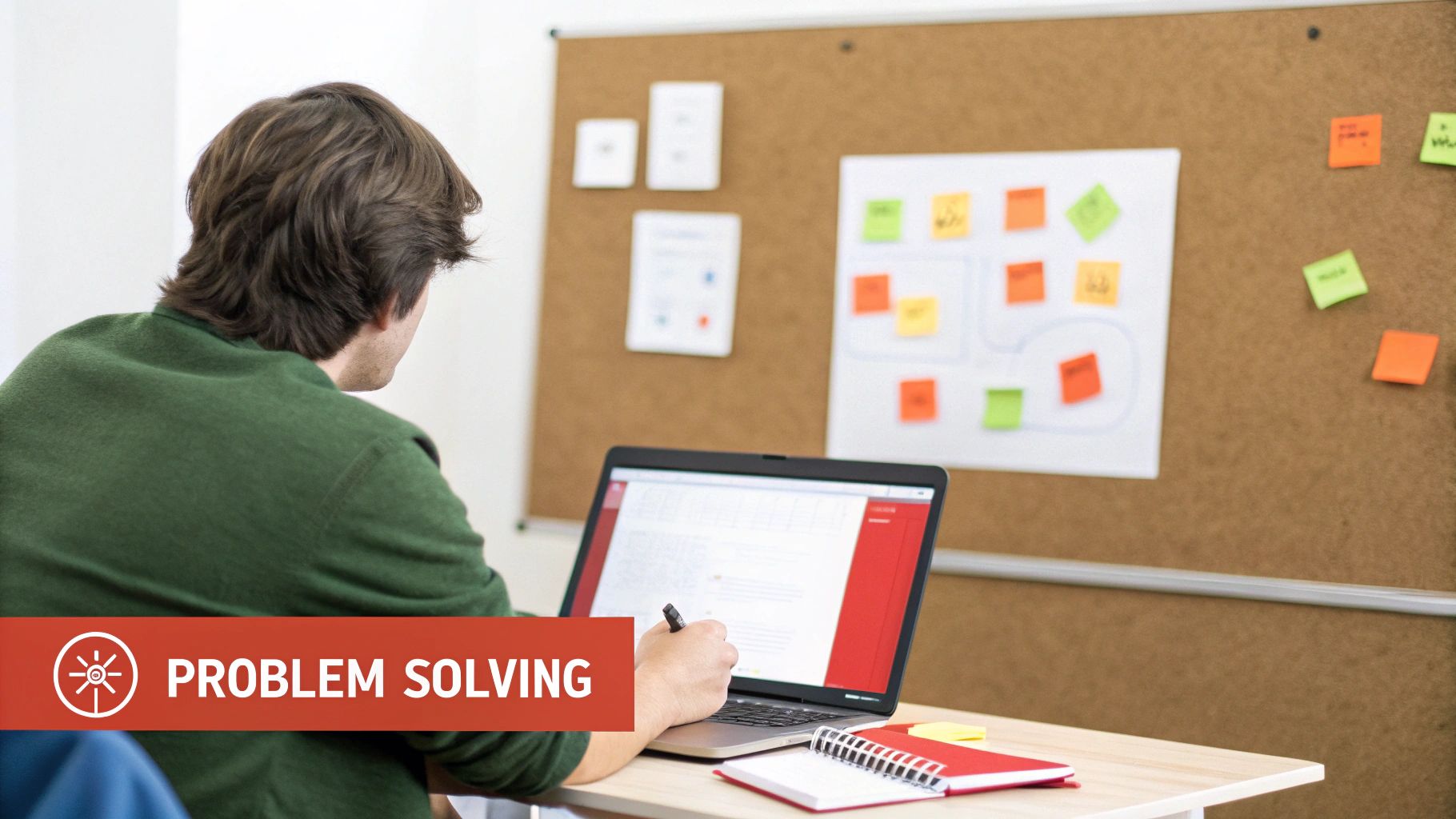 A person from behind working on a laptop at a desk with a notebook and sticky notes, engaged in problem-solving.