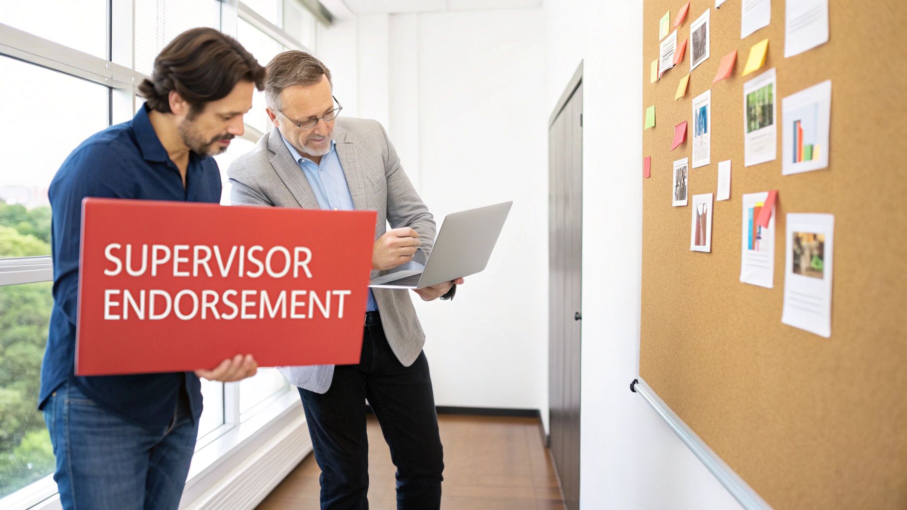 Two professional men discussing content on a laptop while one holds a 'Supervisor Endorsement' sign.