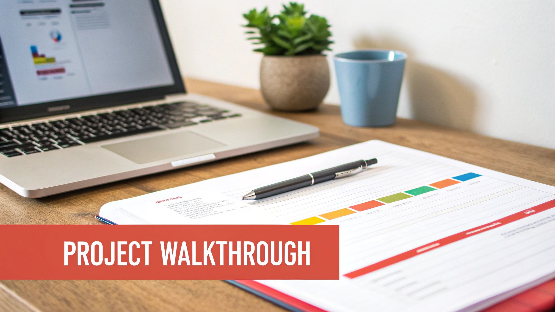 Modern workspace with a laptop, project documents, a pen, a plant, and a mug, featuring 'PROJECT WALKTHROUGH'.