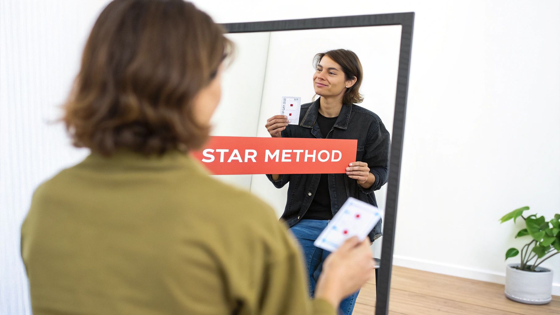 A person in olive green looks into a mirror, where their reflection holds a 'STAR METHOD' sign and cards.