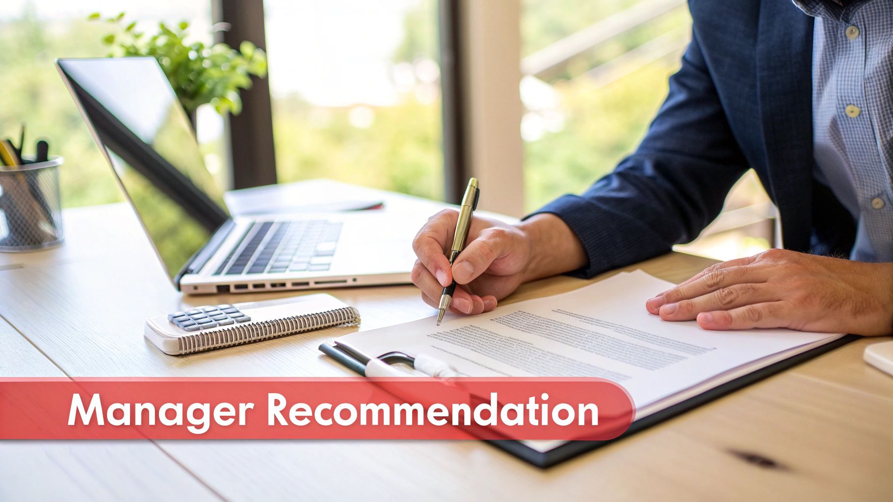 A manager in a suit jacket writes a recommendation letter at a desk with a laptop.