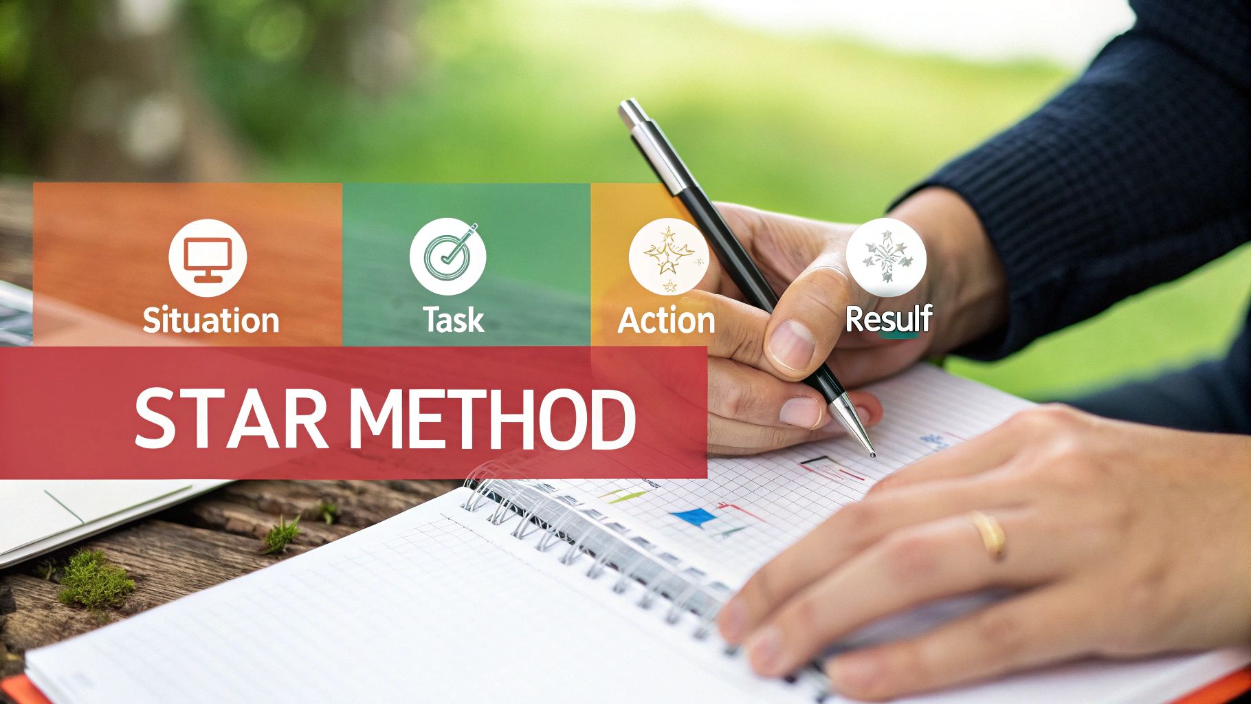 A person writes in a notebook, illustrating the STAR Method for interview preparation with Situation, Task, Action, Result steps.