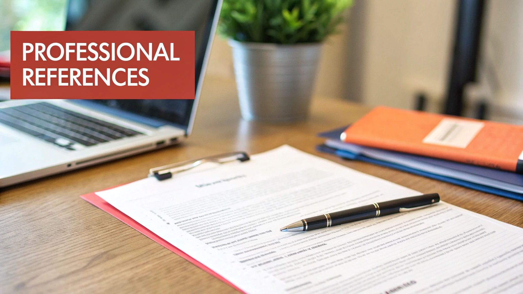 A desk setup with a laptop, plant, documents, pen, and folders, featuring a "PROFESSIONAL REFERENCES" overlay.