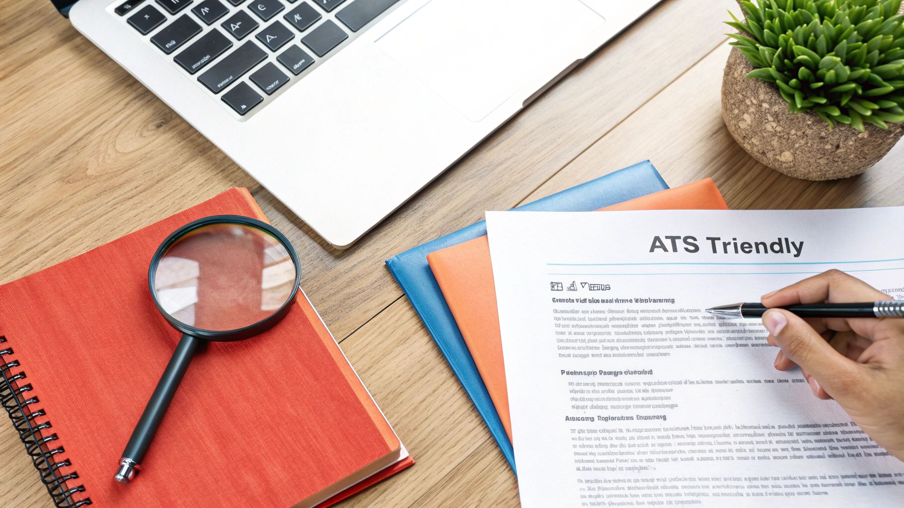 A person's hand with a pen reviewing an 'ATS Friendly' document, next to a laptop and a magnifying glass on a red notebook.
