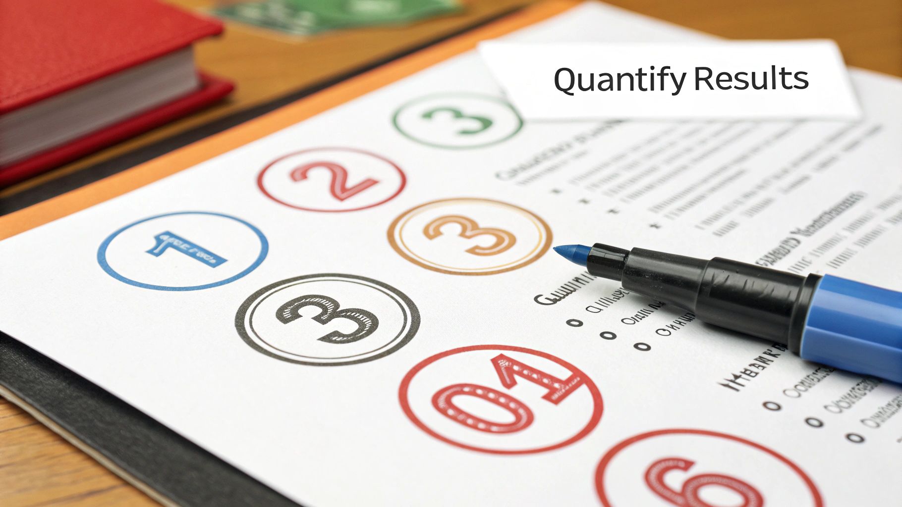 Document showing numbered steps, a blue marker, and a note reading 'Quantify Results'.