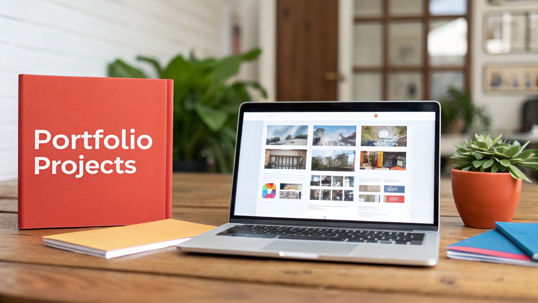 A desk setup with a 'Portfolio Projects' binder, laptop displaying images, a plant, and notebooks.