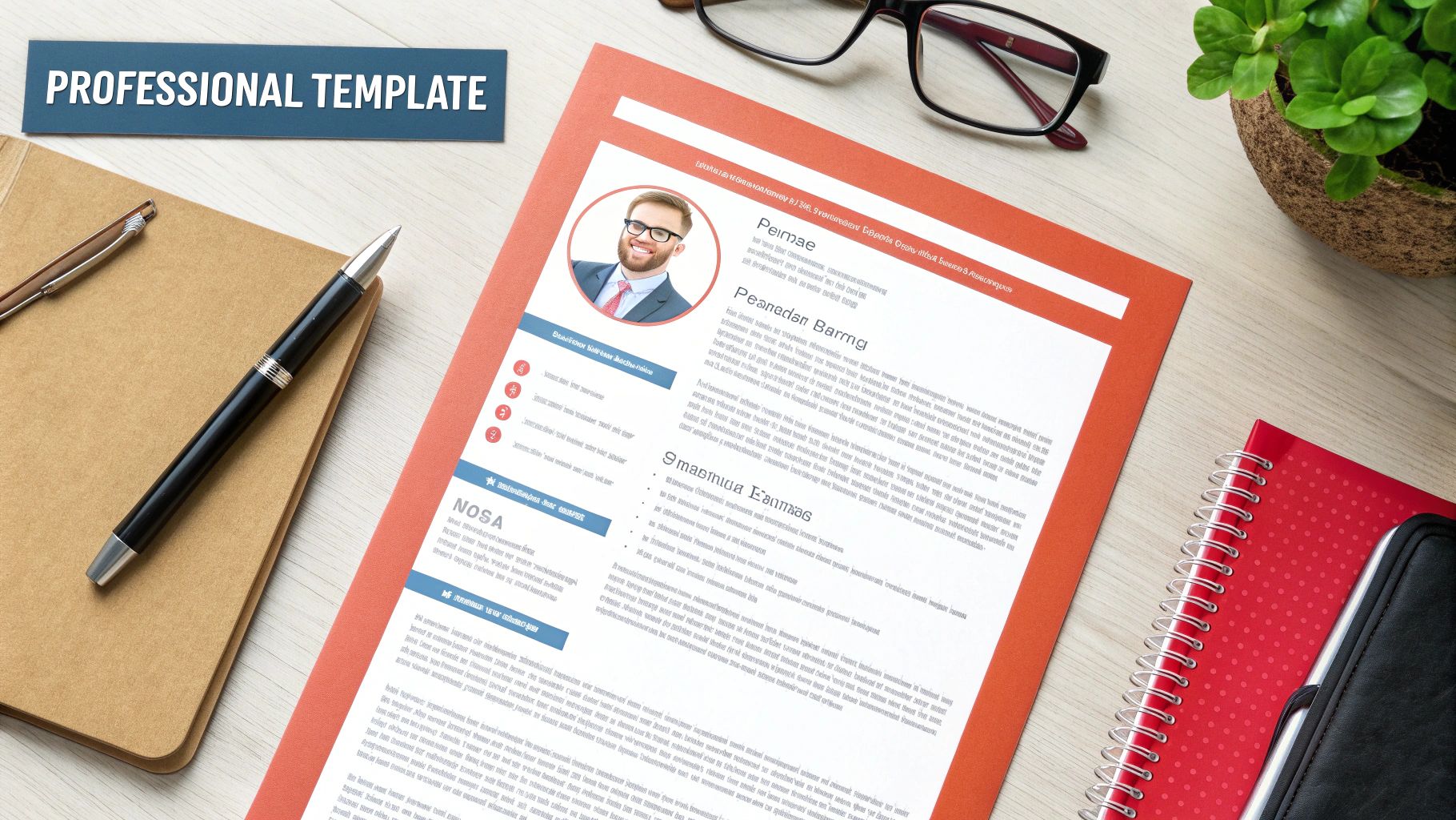 A flat lay of a professional resume template with a smiling photo, pen, notebook, glasses, and plant on a desk.