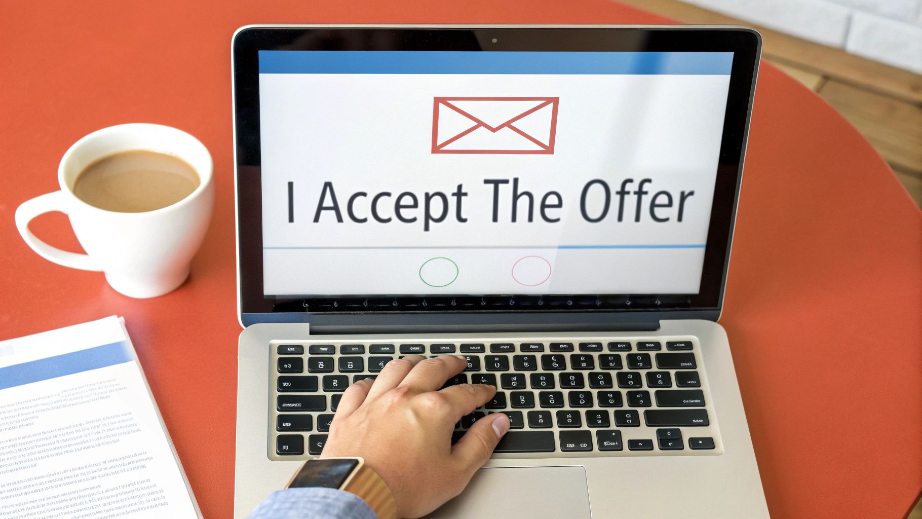 A person's hands typing on a laptop screen displaying 'I Accept The Offer' with coffee.