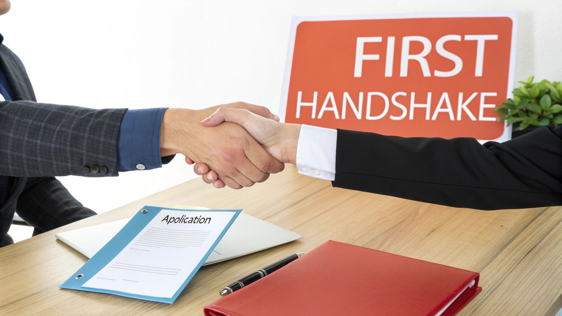 Two people shaking hands over a table with an application and a 'First Handshake' sign.