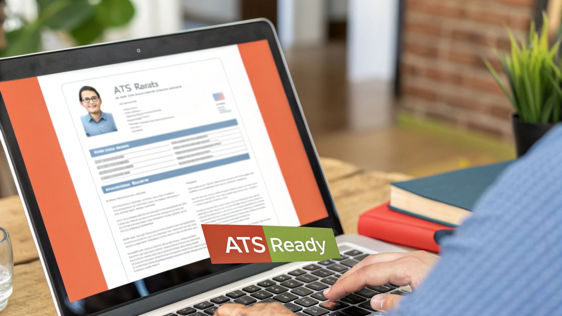 A person typing on a laptop displaying an ATS-ready resume template, with books nearby.