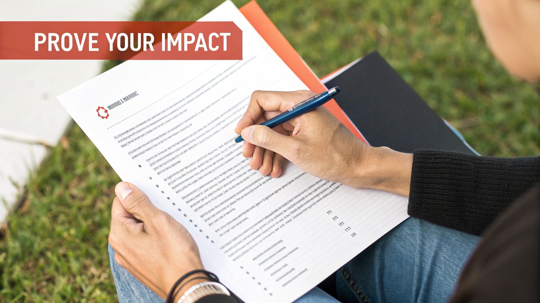 Person writing on a white document with a blue pen, featuring 'PROVE YOUR IMPACT' text.