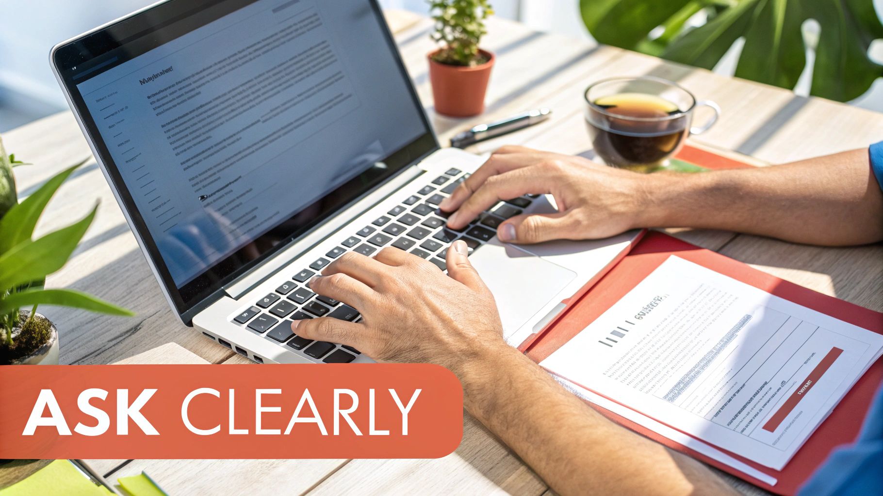 Person typing on laptop with professional documents and tea cup on desk