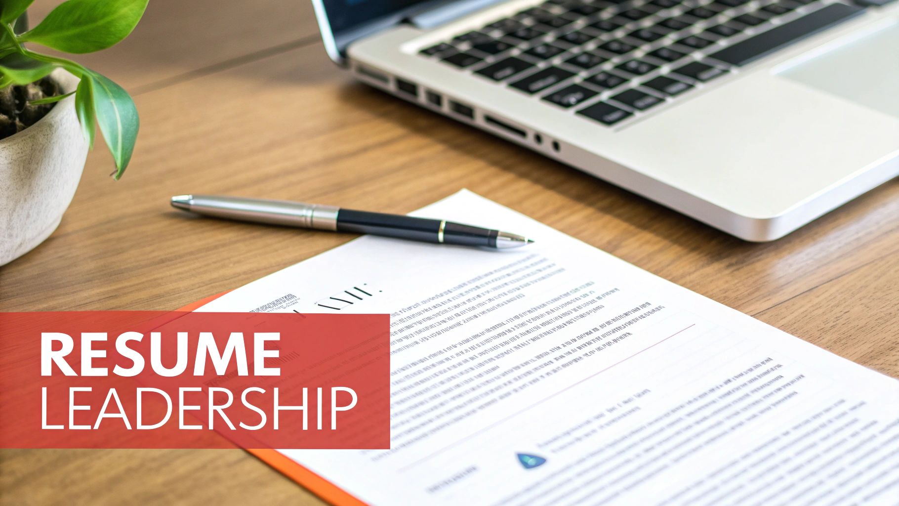 A desk with a resume document, pen, laptop, and plant, featuring a 'Resume Leadership' text overlay.