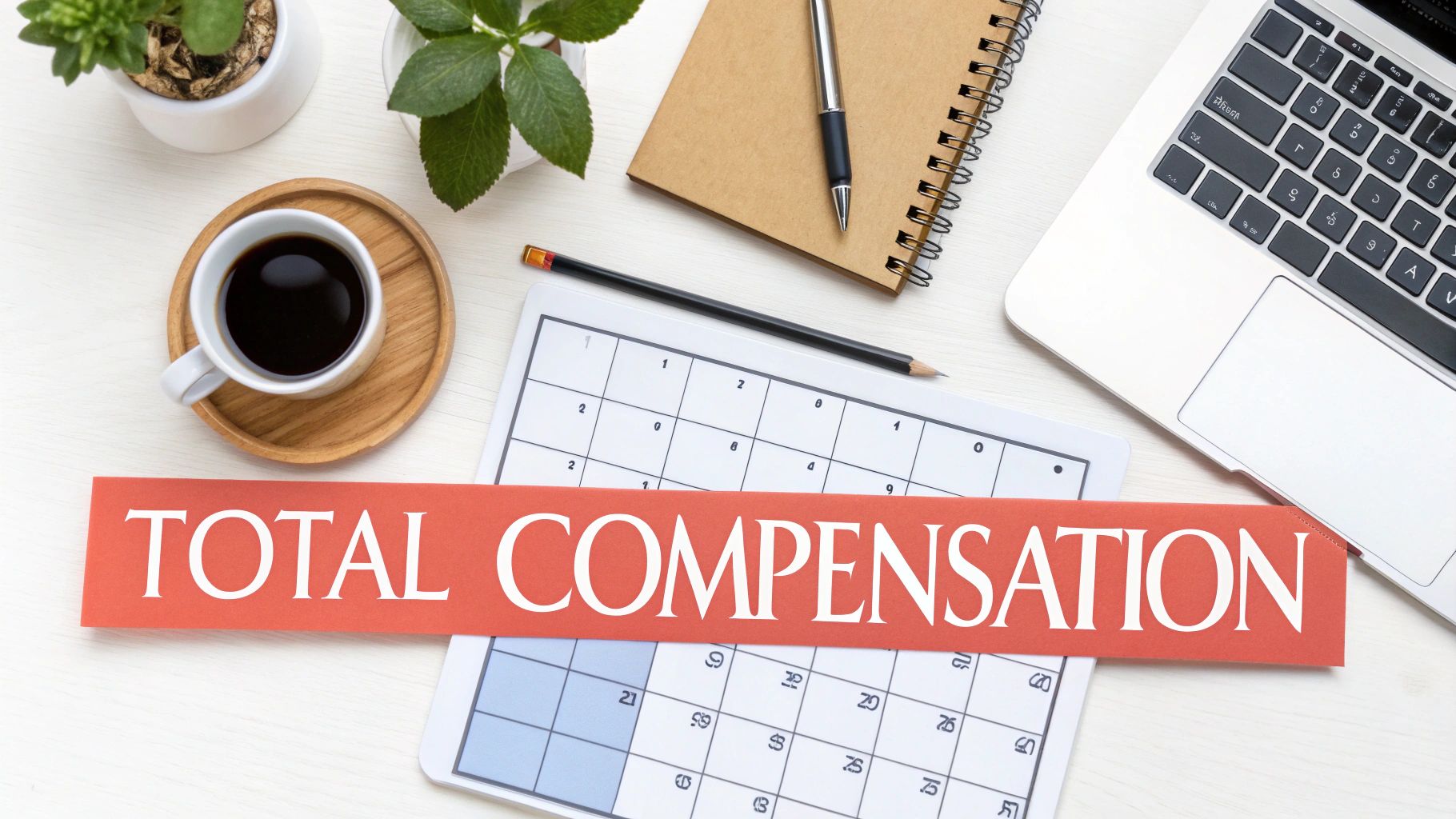 Overhead shot of a desk with a laptop, coffee, plants, calendar, and a 'Total Compensation' sign.