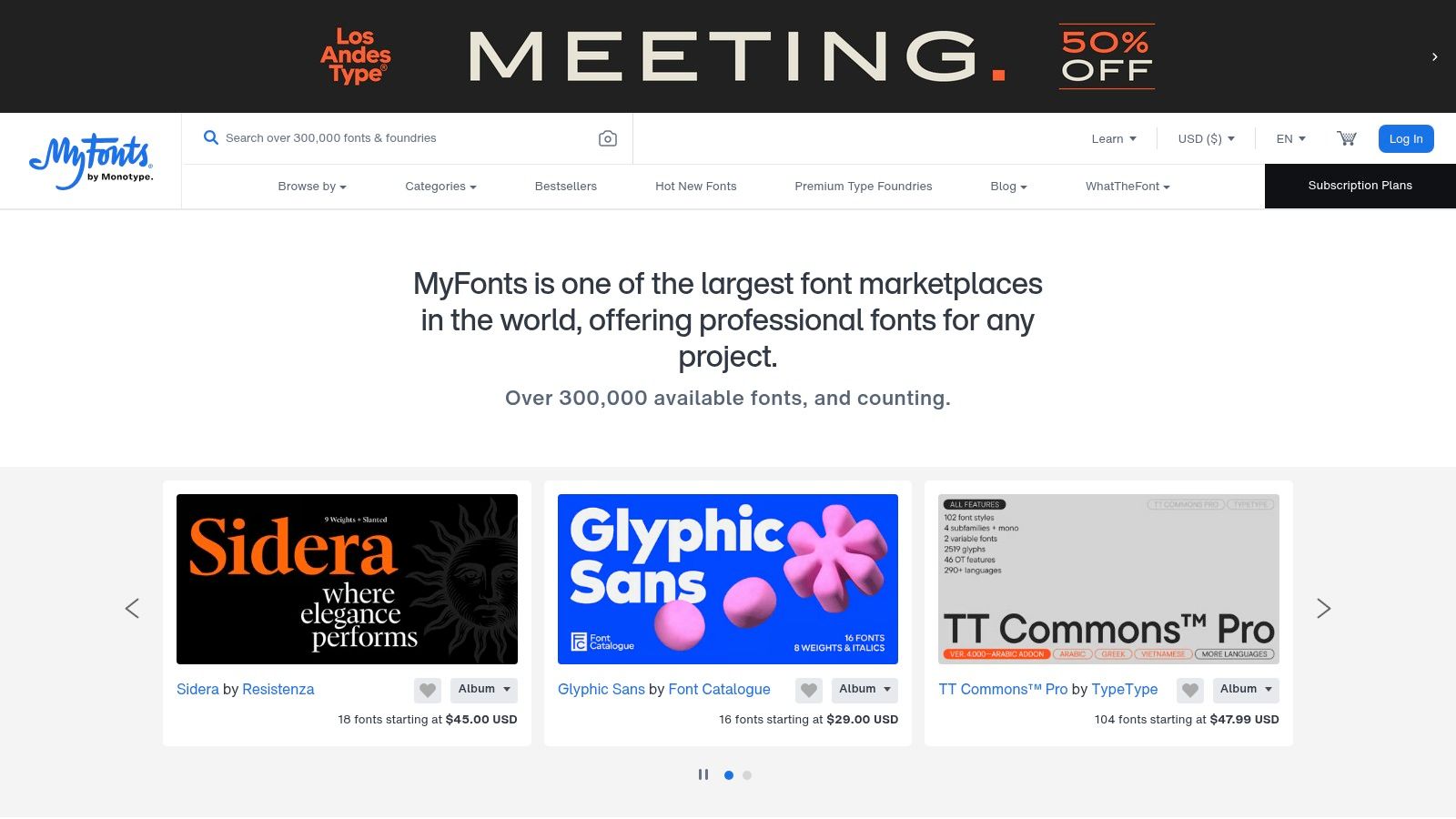 MyFonts interface showing a variety of premium font families
