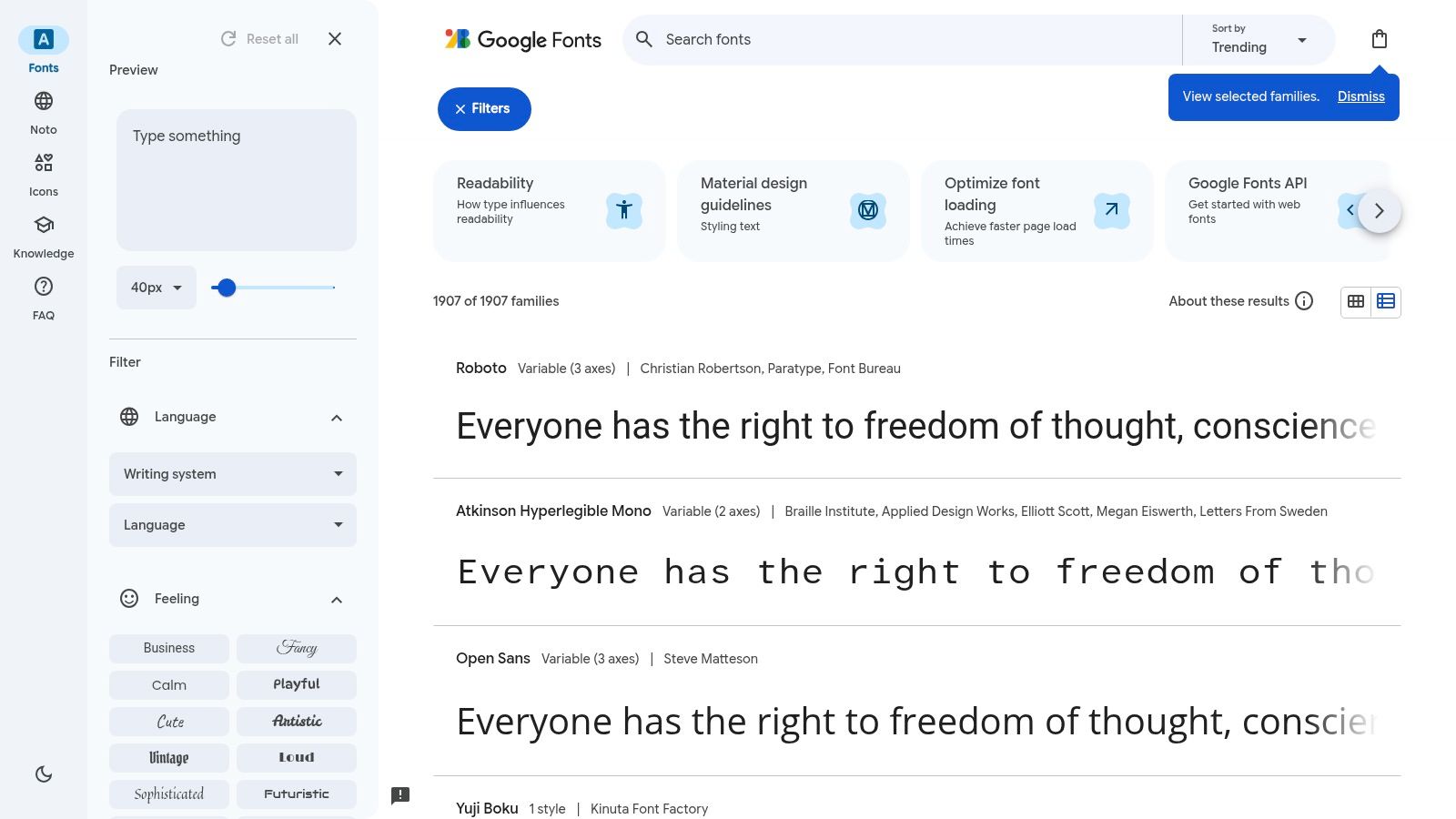 Google Fonts interface showing font specimens