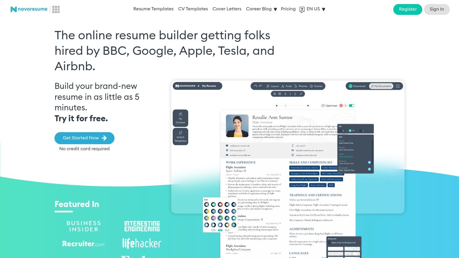 Novorésumé interface showing resume templates