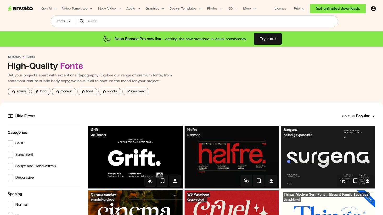 Envato Elements font library showcasing various typefaces