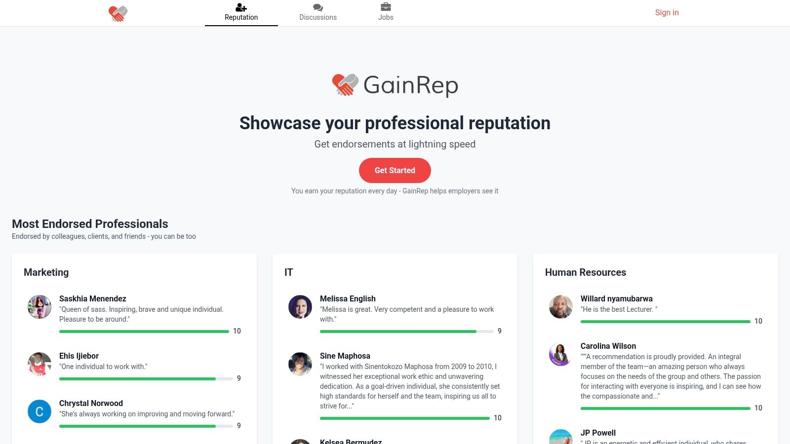 An image showcasing Gainrep's platform, highlighting its reputation-first approach with endorsements and testimonials.