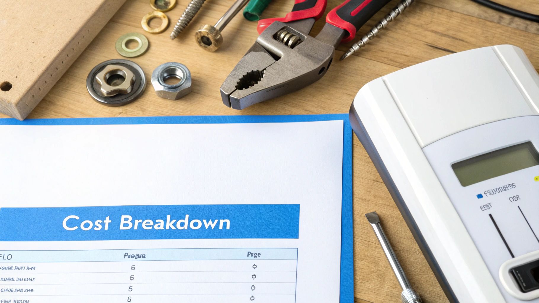 Overhead view of a 'Cost Breakdown' document, various tools, and an electronic device on a wooden table.