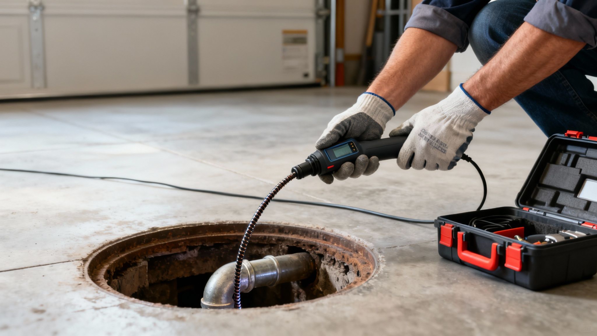 Plumber inspects a drain pipe with an inspection camera in a garage.