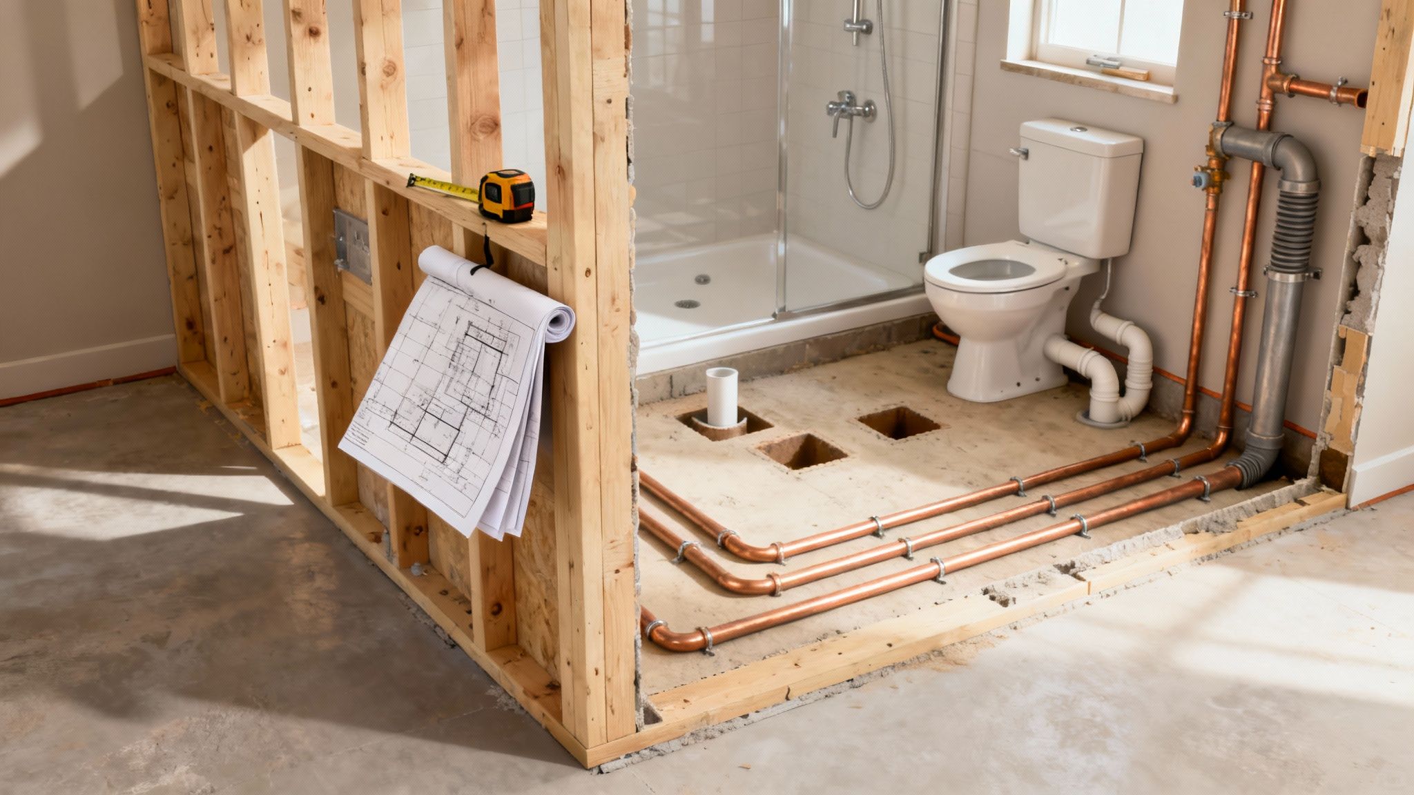 Plumbing-rough-in installation in a bathroom under renovation, showing pipes, toilet, and shower.