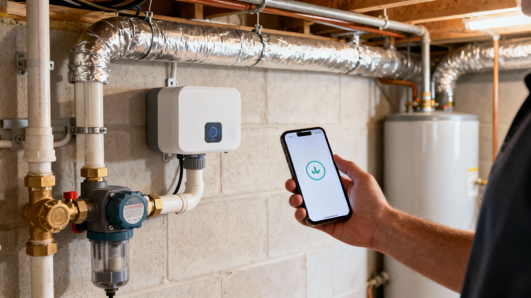 A person in a basement uses a smartphone to monitor a smart home water management system.
