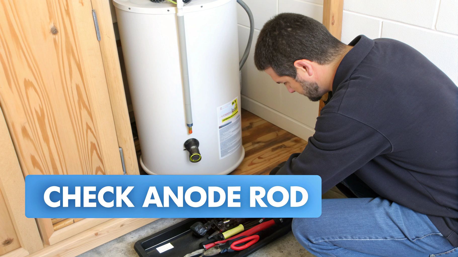A man carefully inspecting a water heater, with various tools laid out on the floor nearby.