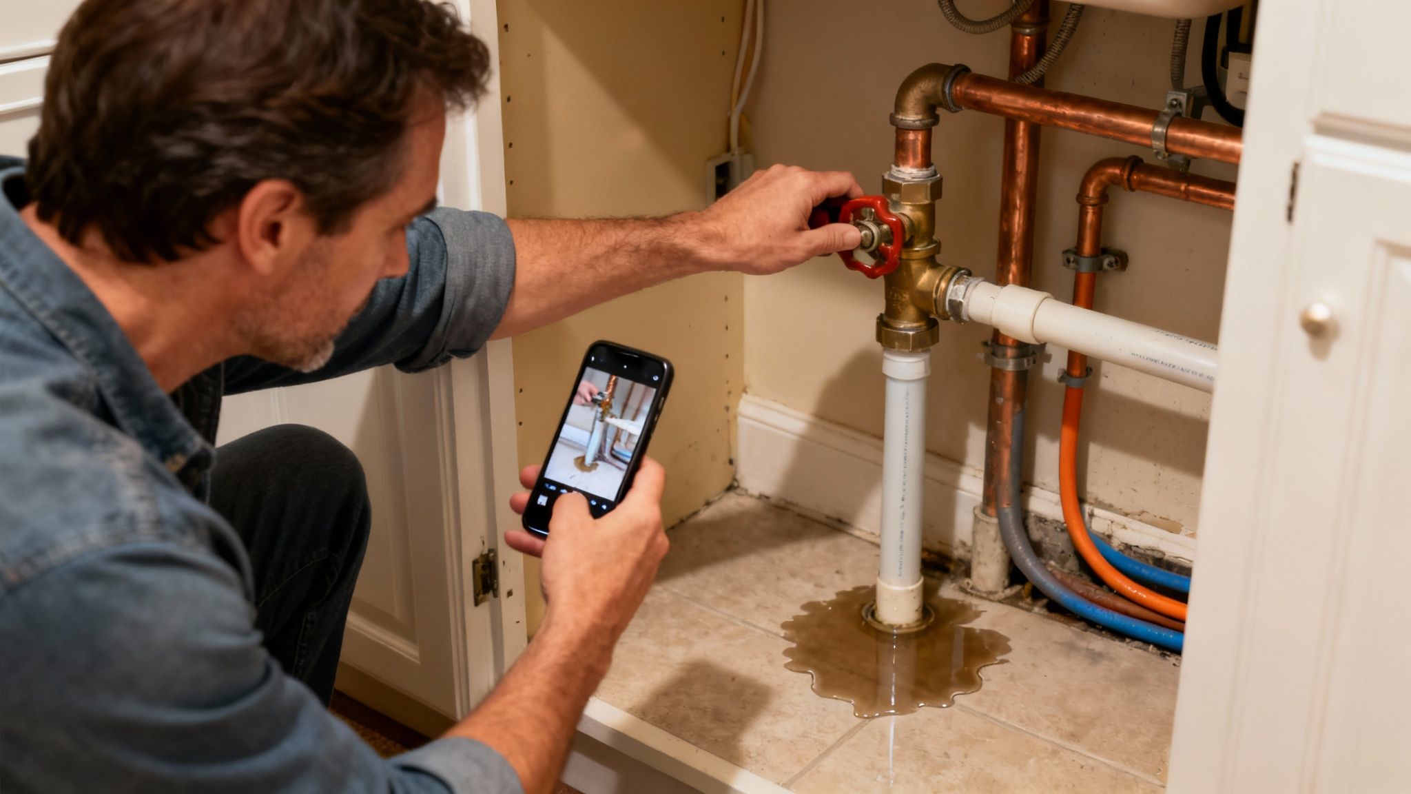 Man capturing a burst pipe and water leak with his smartphone, attempting to turn off the water.