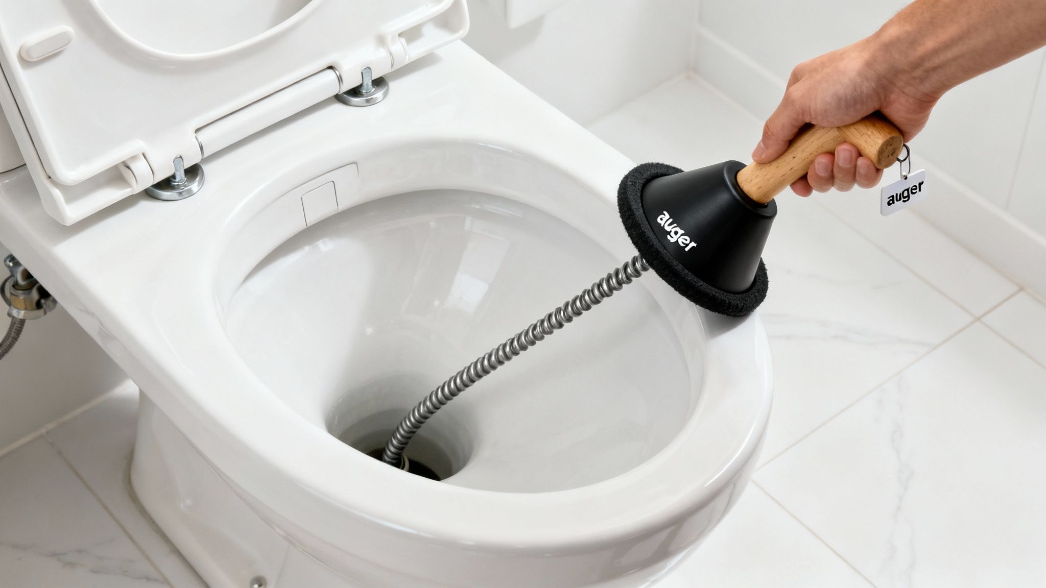 A hand guides a black and wooden toilet auger into a white toilet bowl to clear a clog.