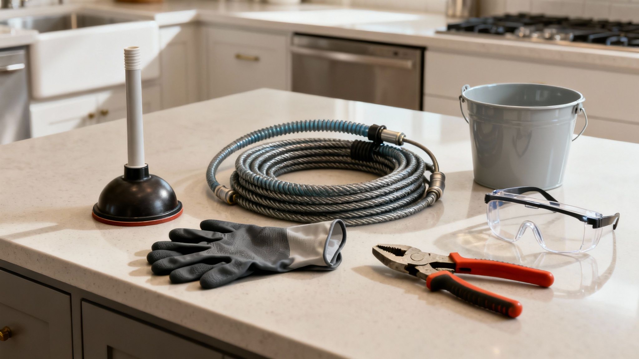 Plumbing tools including a plunger, drain snake, gloves, and safety goggles on a kitchen counter.