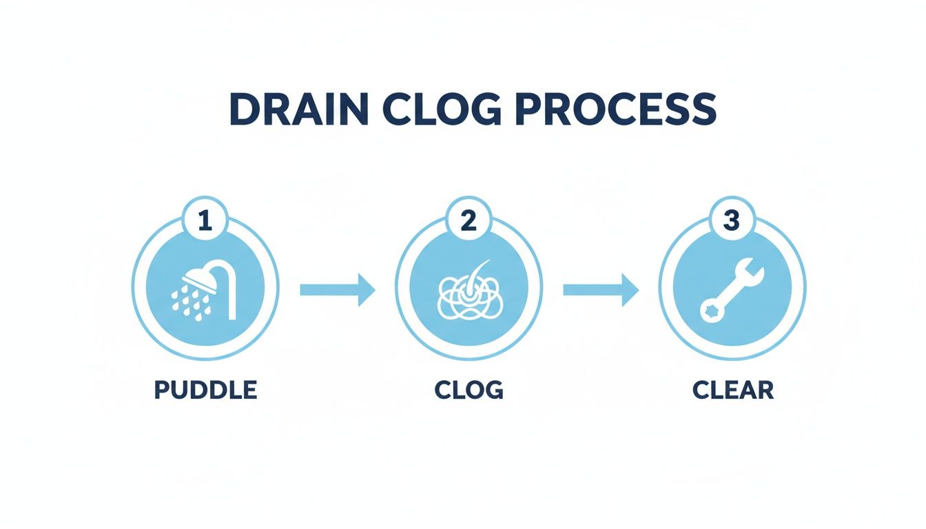 A visual process explaining drain clogs from a shower puddle to clearing with a wrench.