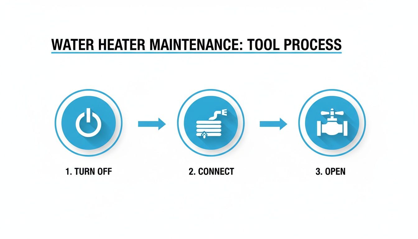 Flowchart illustrating three steps for water heater maintenance: turn off, connect hose, and open valve.
