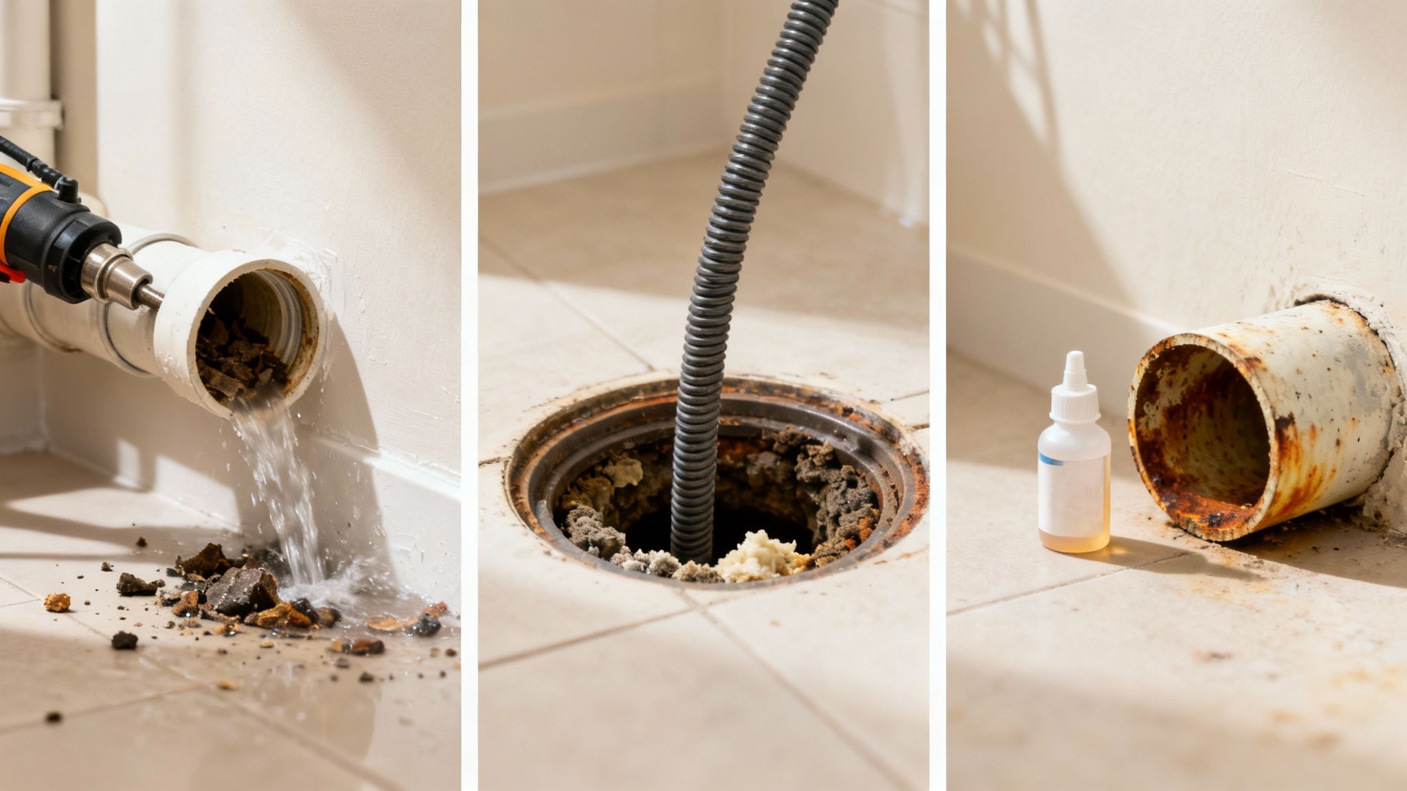 Plumber cleaning a clogged pipe with a drill tool, drain snake, and chemical cleaner.