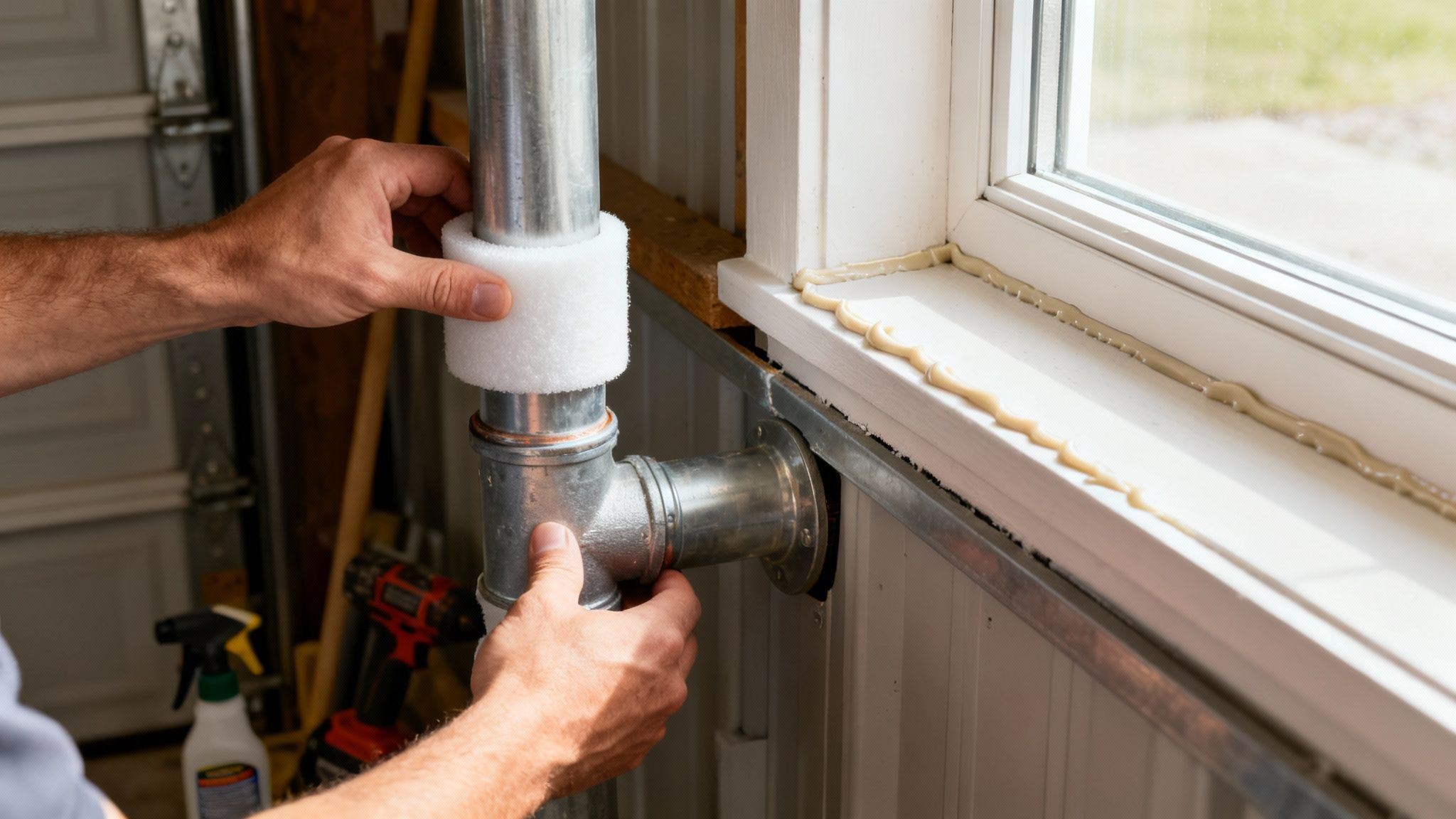 Hands fitting a metal pipe with white insulation near a window frame with sealant.