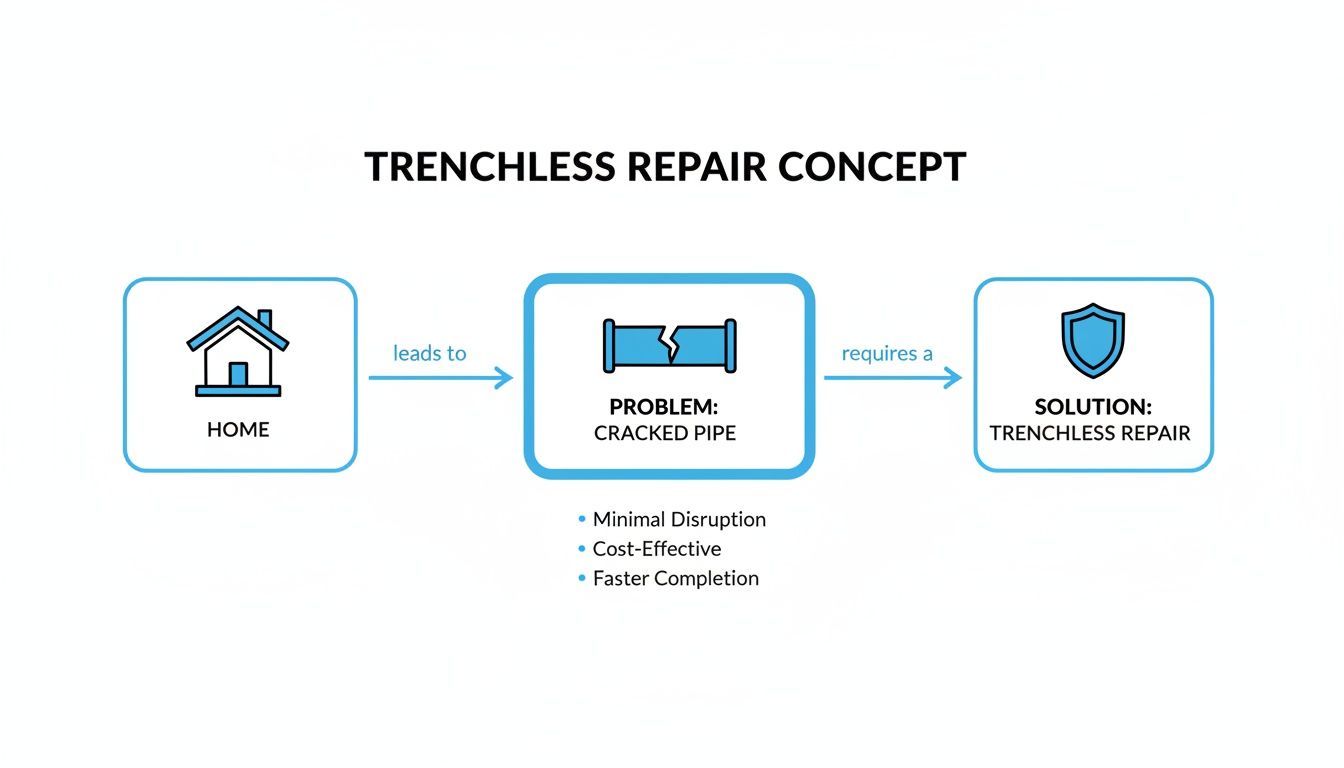 A flowchart illustrating the trenchless pipe repair concept for homes, detailing problem, solution, and benefits.