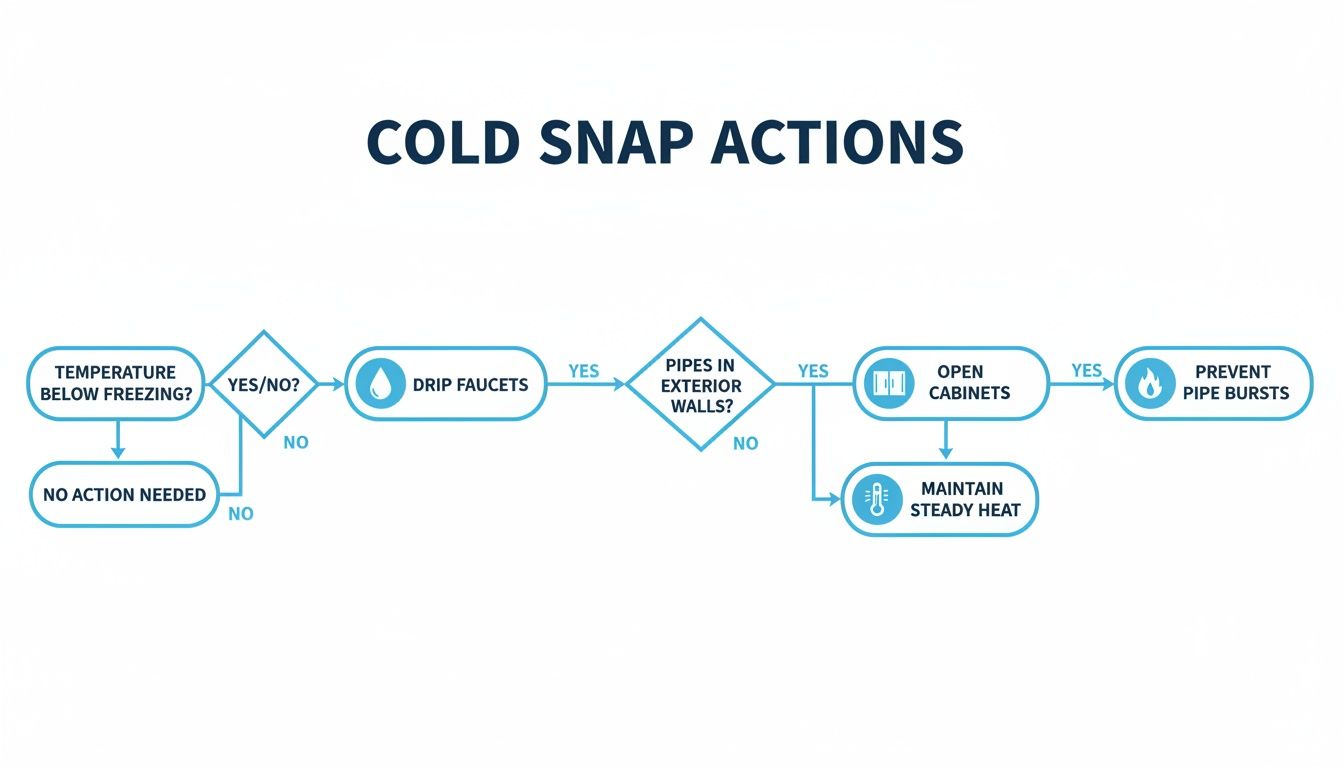 A cold snap action flowchart details steps to prevent pipe bursts, like dripping faucets and opening cabinets.