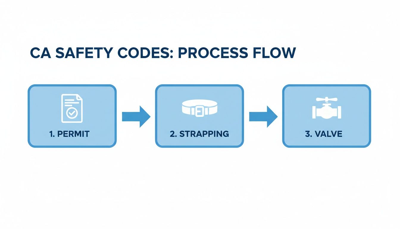 A three-step process flow for CA safety codes outlining Permit, Strapping, and Valve installation.