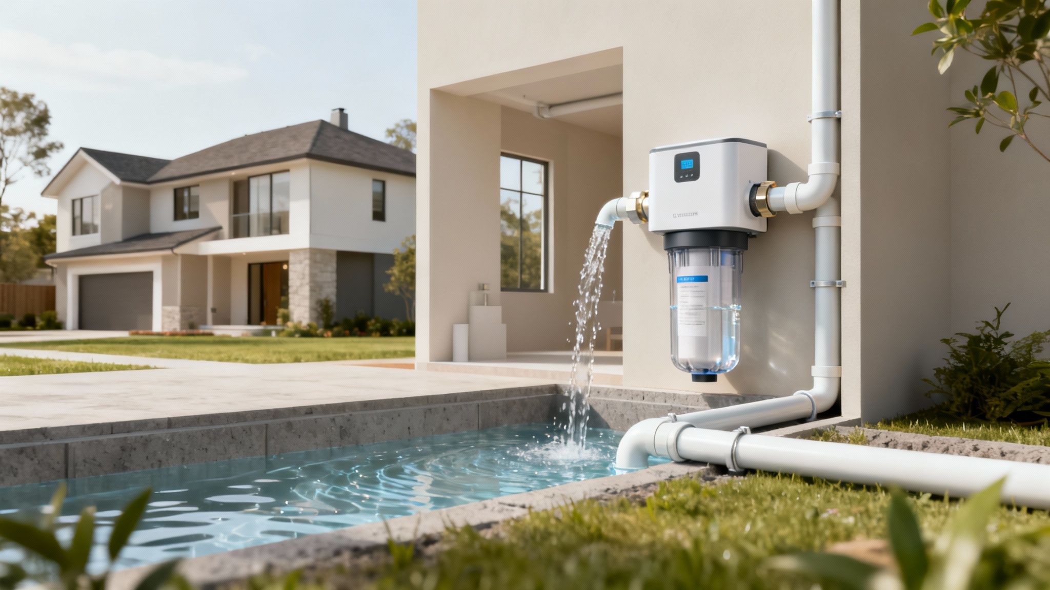Modern outdoor whole house water filter system purifying water into an outdoor pool.
