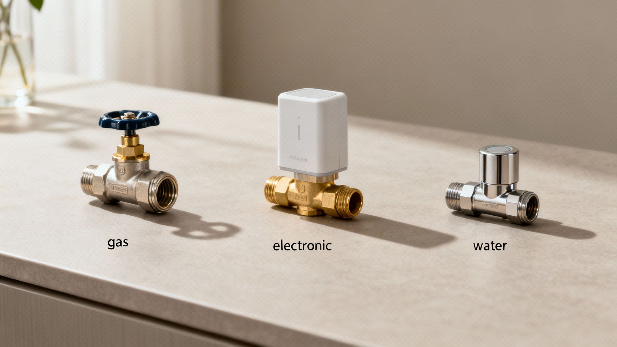 Three different types of valves (gas, electronic, water) displayed on a light surface.