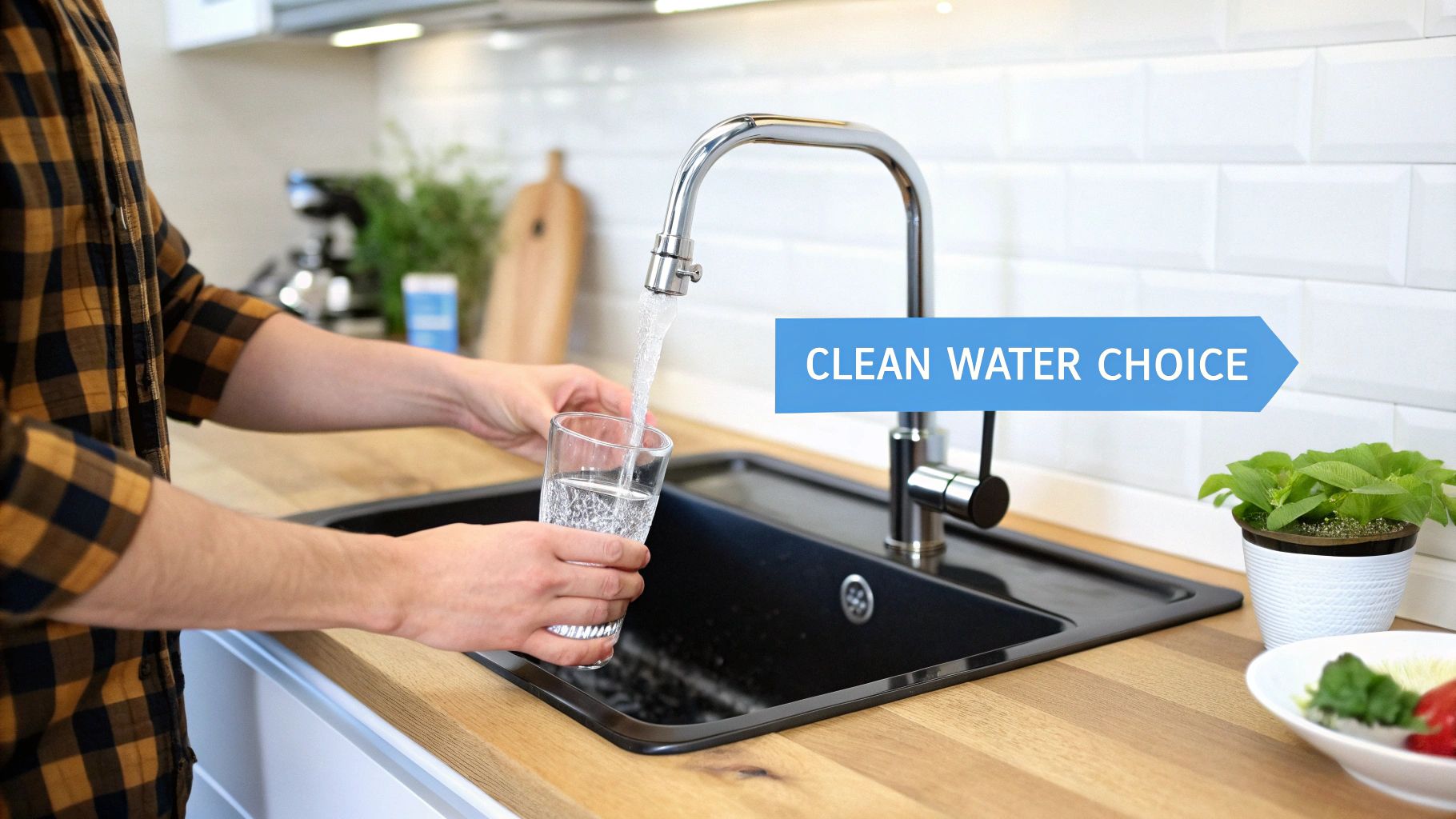 A person fills a glass with clean, clear water from a modern kitchen tap.