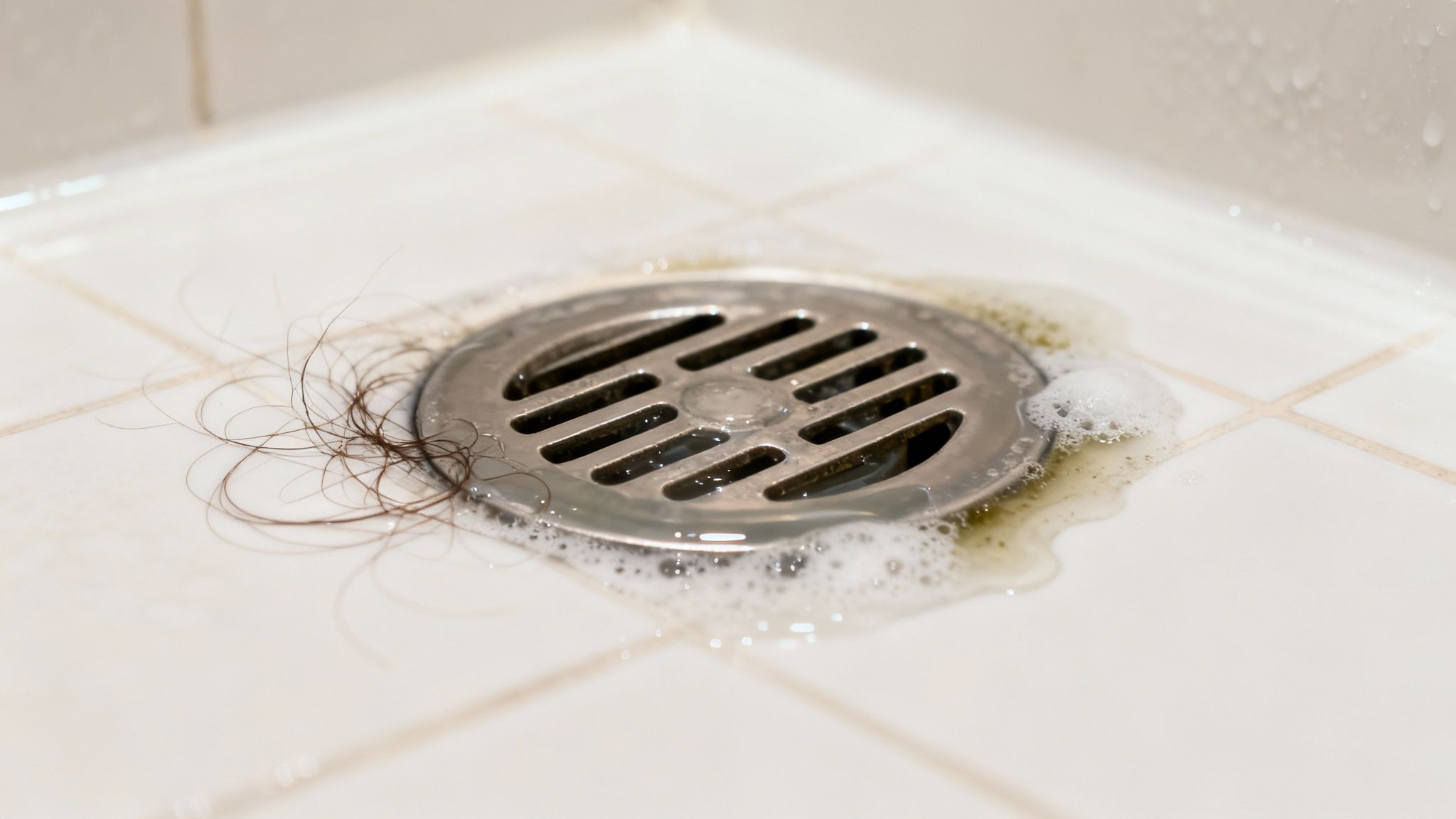 A close-up of a dirty shower drain with tangled dark hair and soapy grime on white tiles.