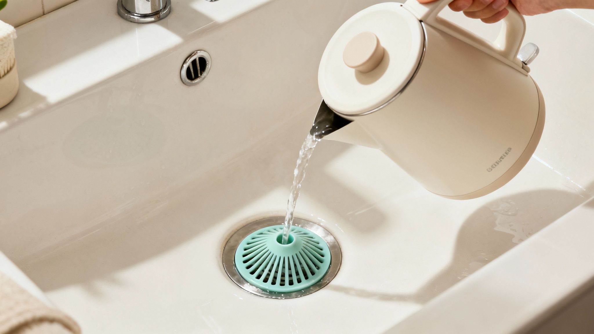 A hand pours water from a beige electric kettle into a sink drain with a green hair catcher.