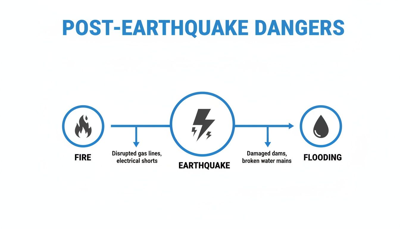 Infographic illustrates post-earthquake dangers: fire from gas lines/shorts and flooding from damaged dams/water mains.