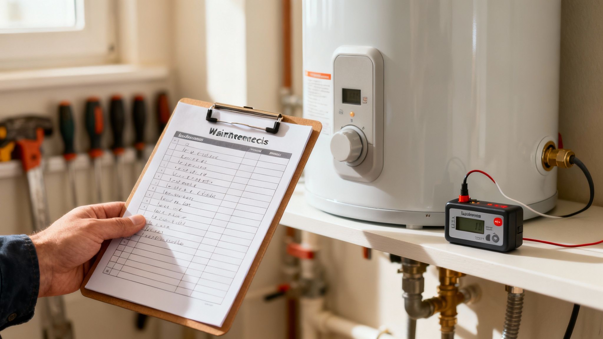 A person inspects a water heater, holding a maintenance checklist and observing a thermometer.