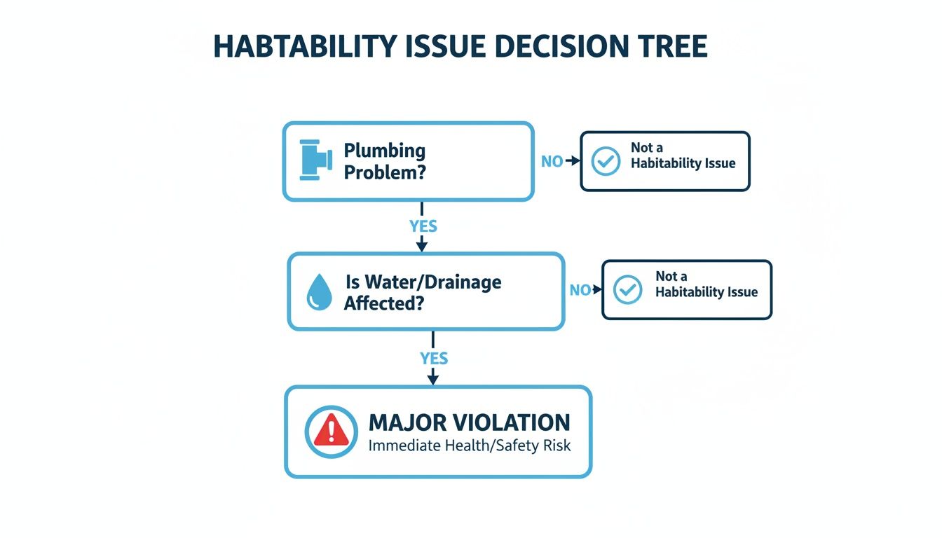 Decision tree flowchart determining habitability issues based on plumbing and water drainage problems.