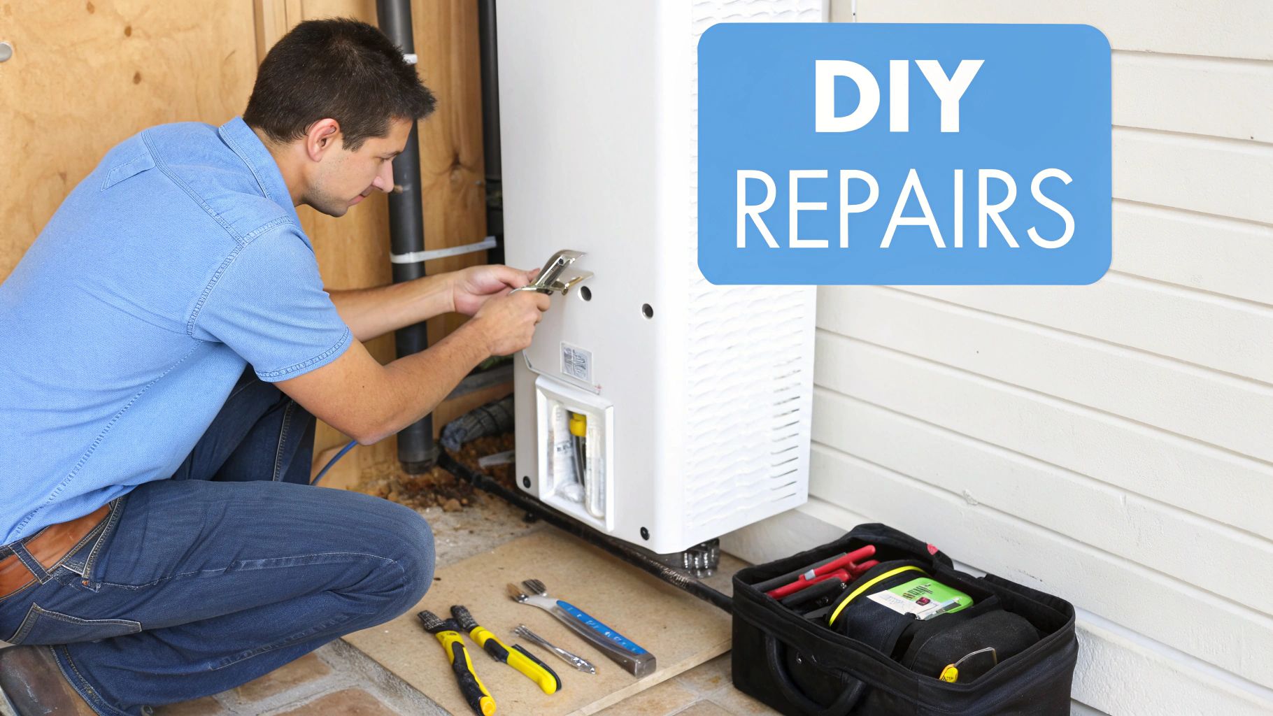 A man performs DIY repairs on an outdoor water heater with tools, alongside a 'DIY REPAIRS' sign.