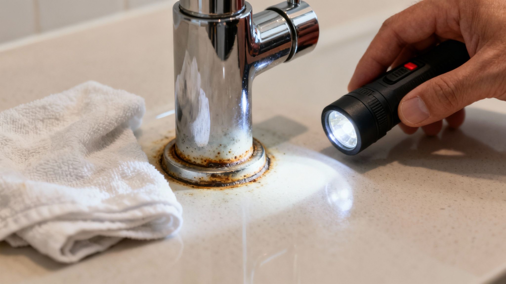 A hand inspects rust and calcium buildup around a chrome faucet base with a flashlight.