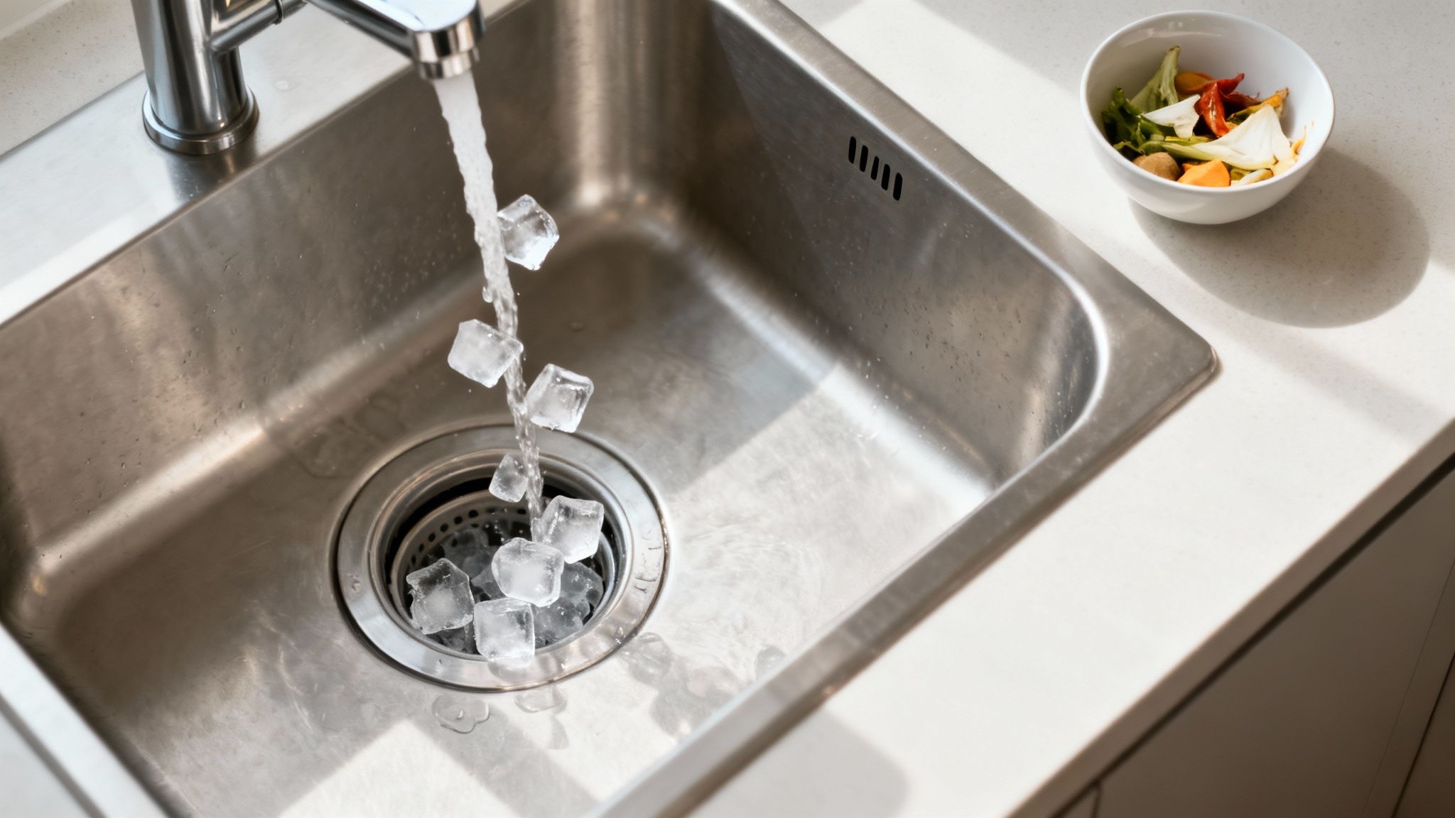 Ice cubes falling into a kitchen sink's garbage disposal with water running, next to vegetable scraps.
