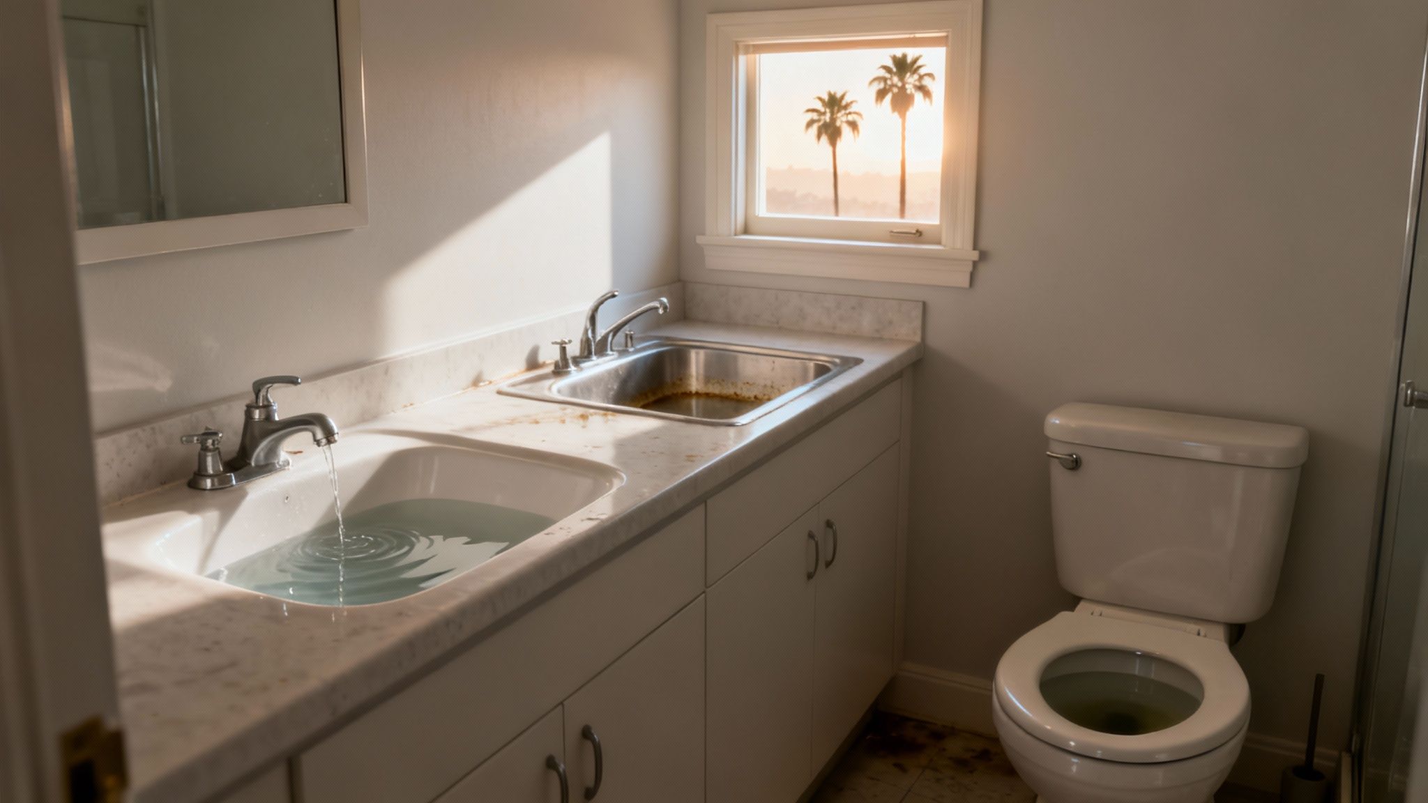 A neglected bathroom with an overflowing white sink, a rusty metal sink, and a dirty toilet.